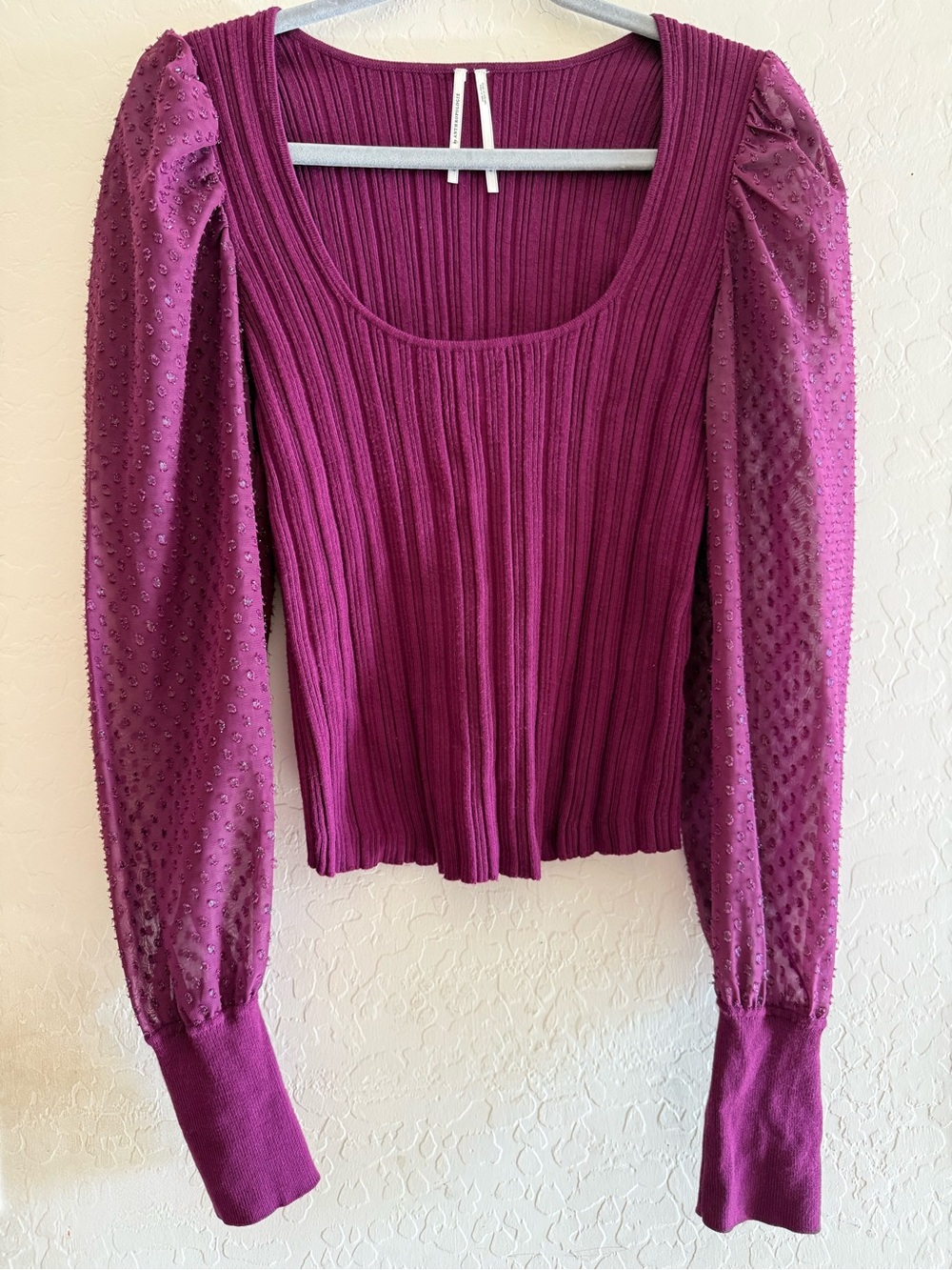Anthropologie, medium, plum shimmer sweater top features a ribbed body